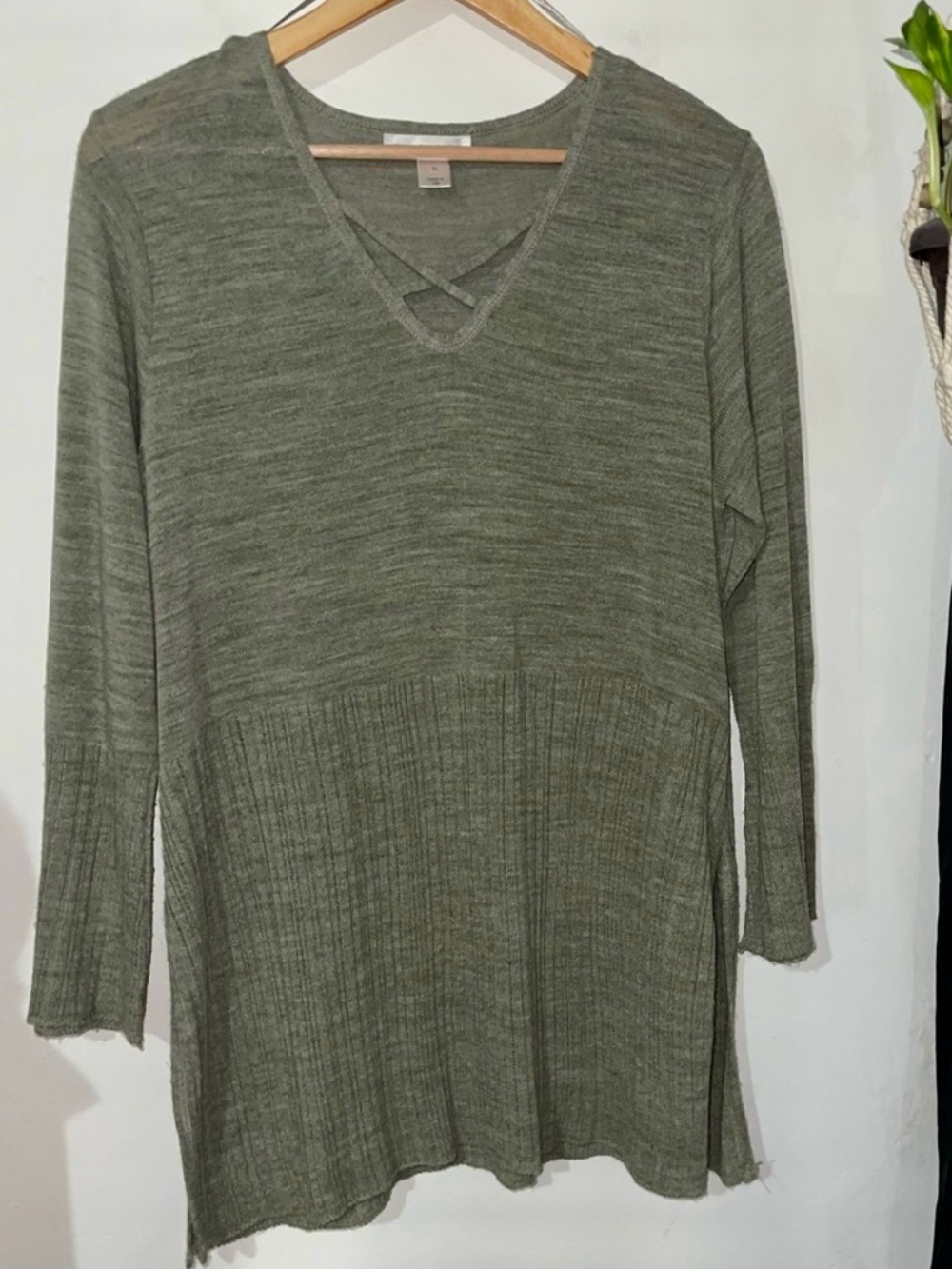 Ribbed Knit Whimsigoth Tunic Top Moss Green Criss Cross Long Sleeve Christopher